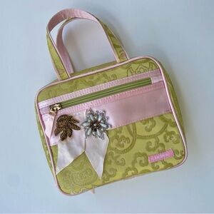 Trina Turk Brocade Rococo Beaded, Bows Makeup Toiletry Travel Bag, Pink & Green